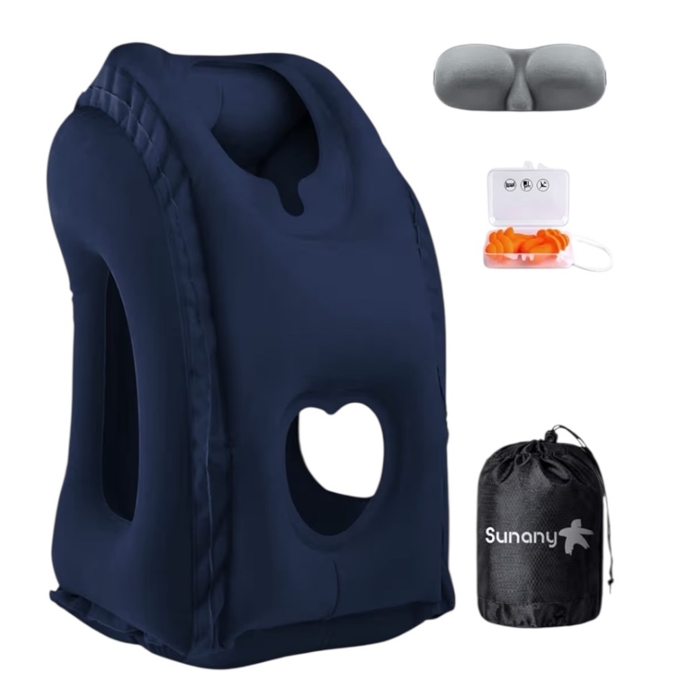 Sunany Inflatable Travel Neck Pillow w/ Eye Mask & Earplugs Blue NEW Sealed